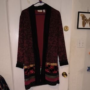 Chico's | Elegant Maroon and Black Cardigan with Gold Details
